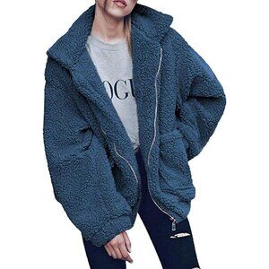👑Women's Classic Blue Casual Fleece Oversized Outwear Zipper Coat Warm Jacket